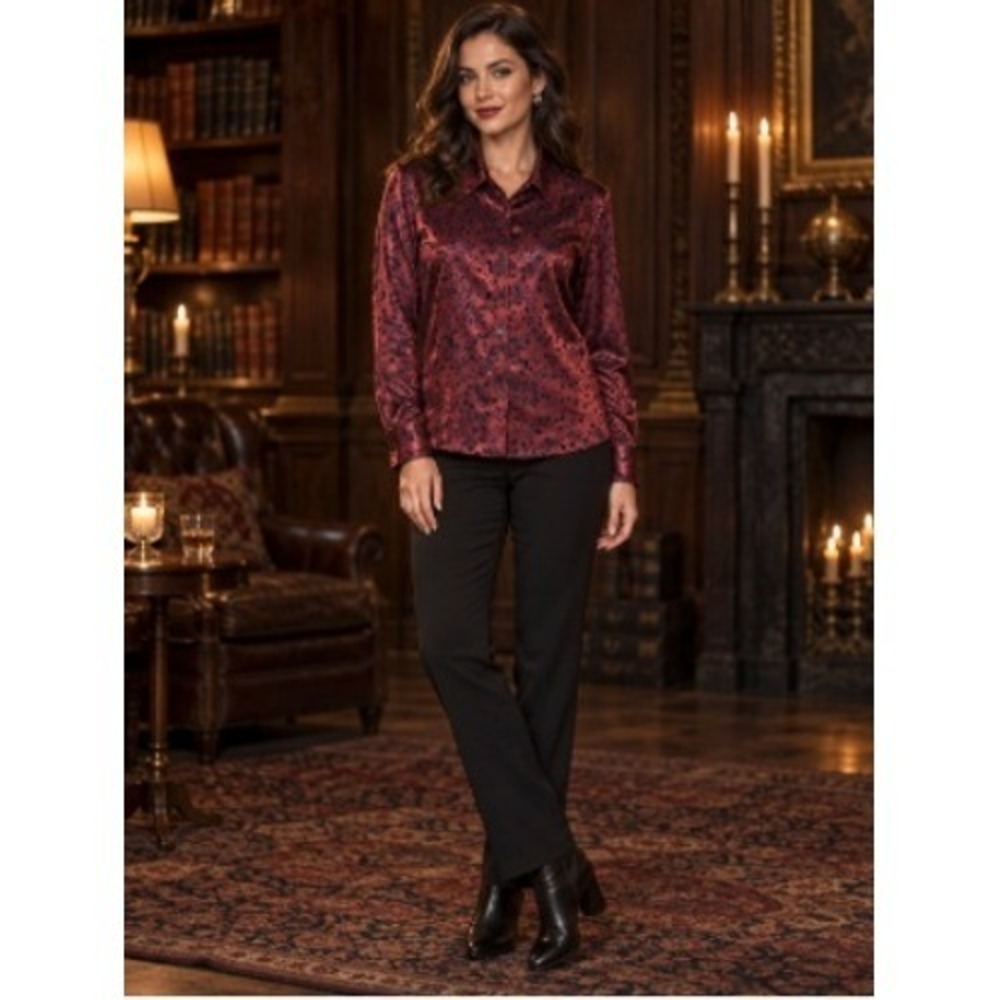 Vintage Impressions of California Metallic Burgundy Black Floral Blouse M
